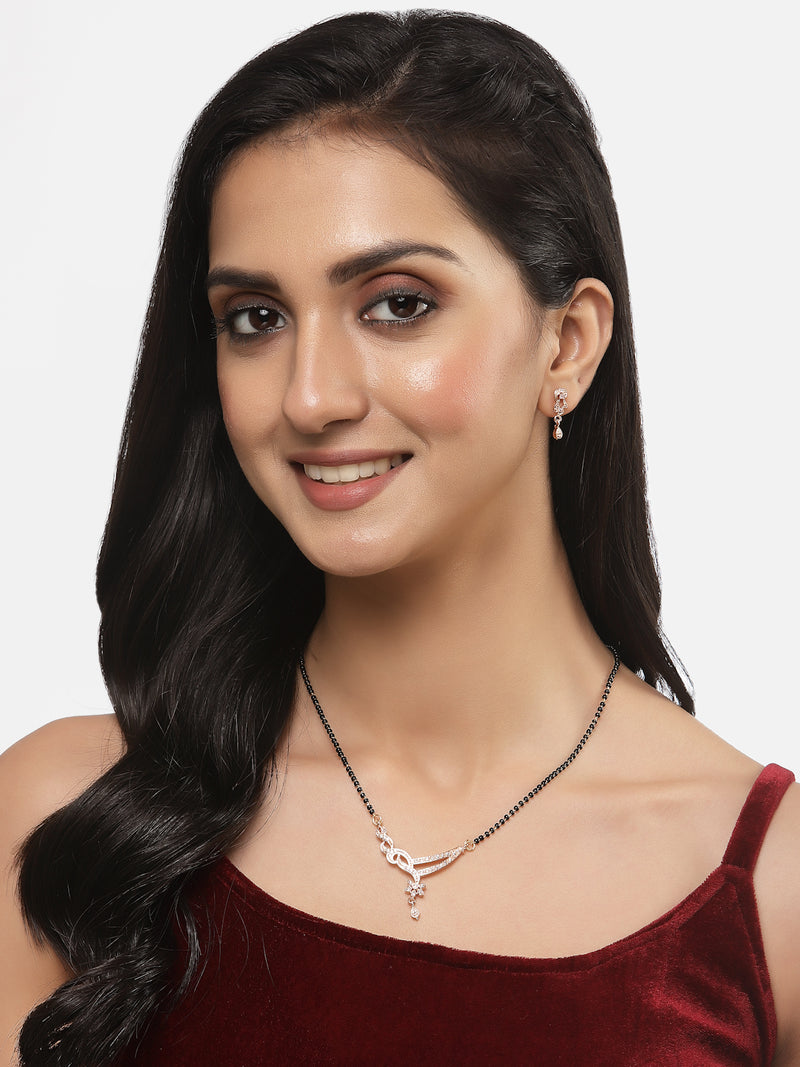 Rose Gold-Plated White American Diamond Studded & Black Beads Beaded Mangalsutra with Earrings