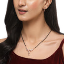 Rose Gold-Plated White American Diamond Studded & Black Beads Beaded Mangalsutra with Earrings