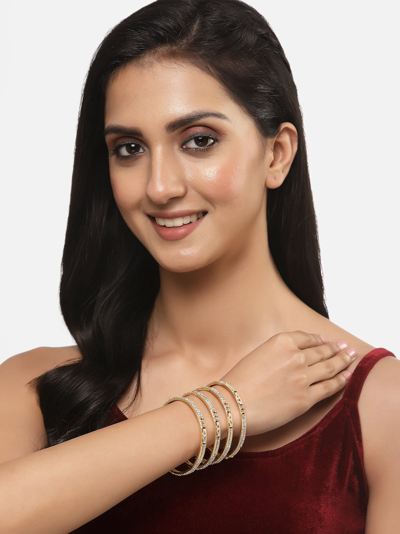 Gold-Plated White Crystal studded Classic Bangles Jewellery Set (Set Of 16)