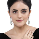 Rhodium-Plated Sea Green American Diamond studded Handcrafted Quirky Shaped Drop Earrings