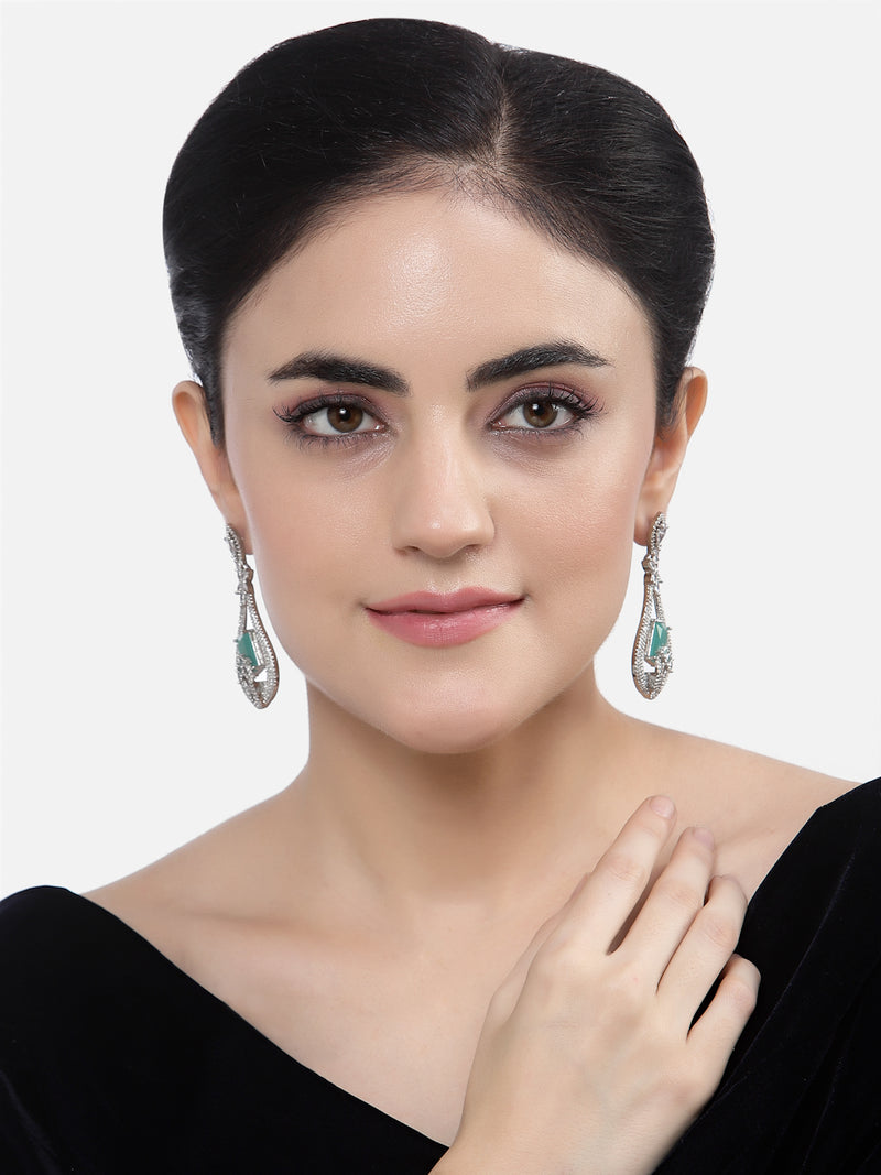 Rhodium-Plated Sea Green American Diamond studded Handcrafted Quirky Shaped Drop Earrings