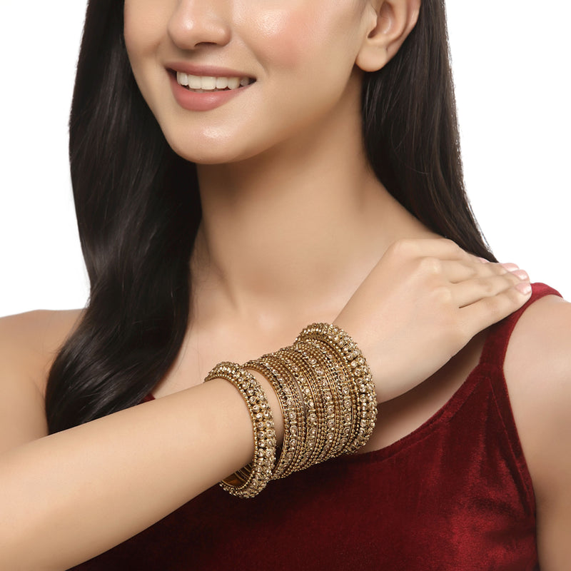 Gold-Plated Mehandi Toned White Artificial Stones studded Bangles Jewellery Set (Set Of 6)
