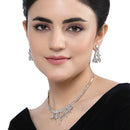 Rhodium-Plated White American Diamond Studded Contemporary Necklace with Earrings Jewellery Set
