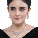 Rhodium-Plated White American Diamond Studded Contemporary Necklace with Earrings Jewellery Set