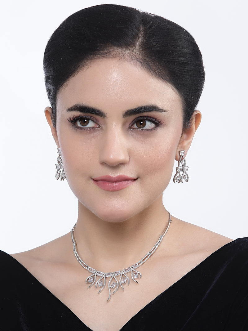 Rhodium-Plated White American Diamond Studded Contemporary Necklace with Earrings Jewellery Set