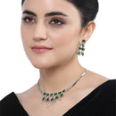 Rhodium-Plated Green American Diamond Studded Contemporary Necklace with Earrings Jewellery Set