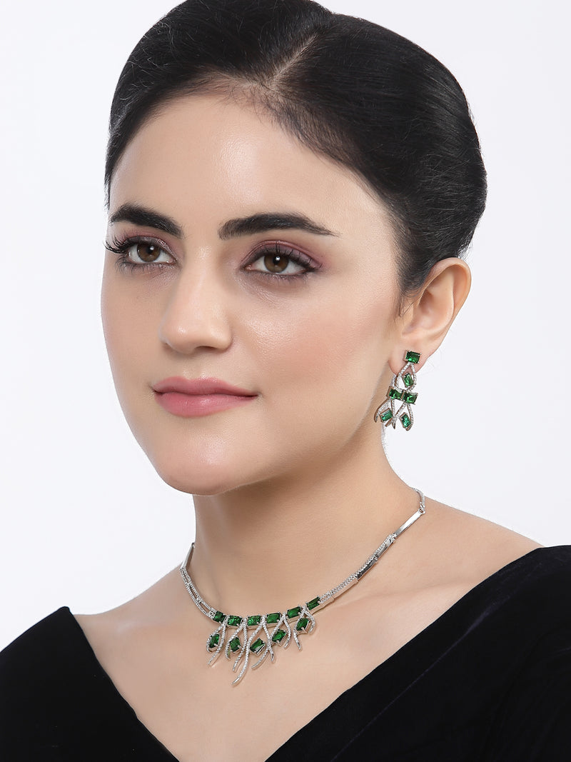 Rhodium-Plated Green American Diamond Studded Contemporary Necklace with Earrings Jewellery Set