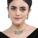 Rhodium-Plated Green American Diamond Studded Contemporary Necklace with Earrings Jewellery Set