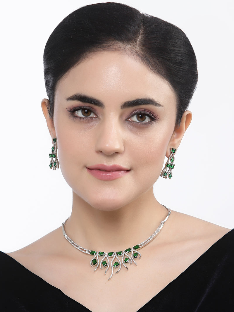 Rhodium-Plated Green American Diamond Studded Contemporary Necklace with Earrings Jewellery Set