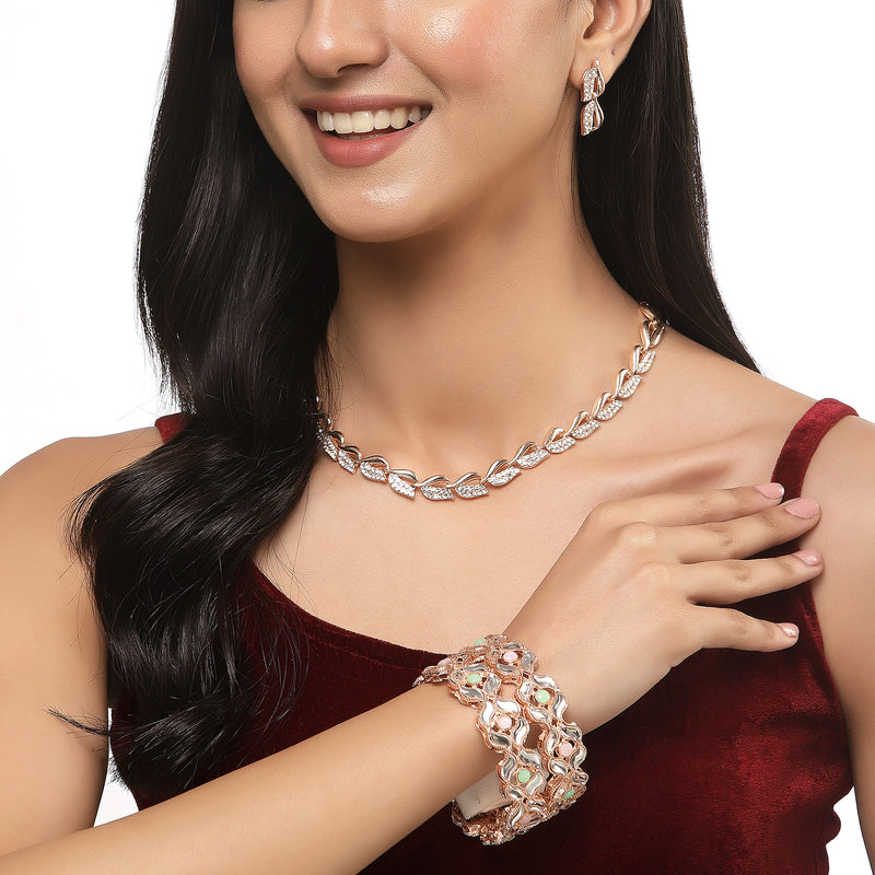 Rose Gold Plated Leaf Pink & Sea Green Cubic Zirconia Studded Combo - Necklace, Earrings, Bangles