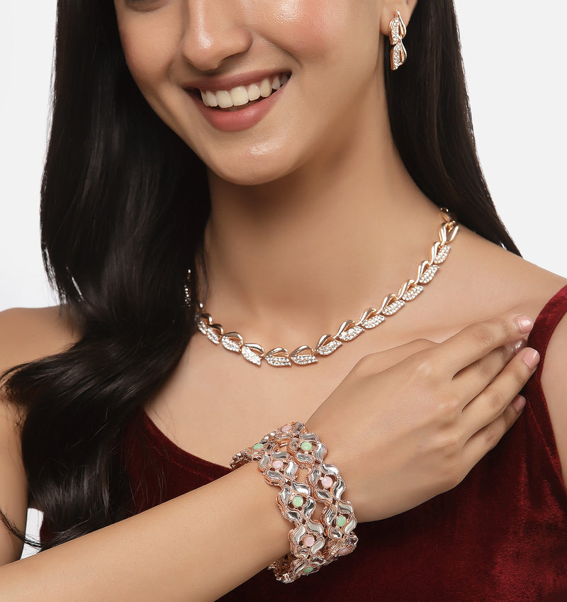 Rose Gold Plated Leaf Pink & Sea Green Cubic Zirconia Studded Combo - Necklace, Earrings, Bangles