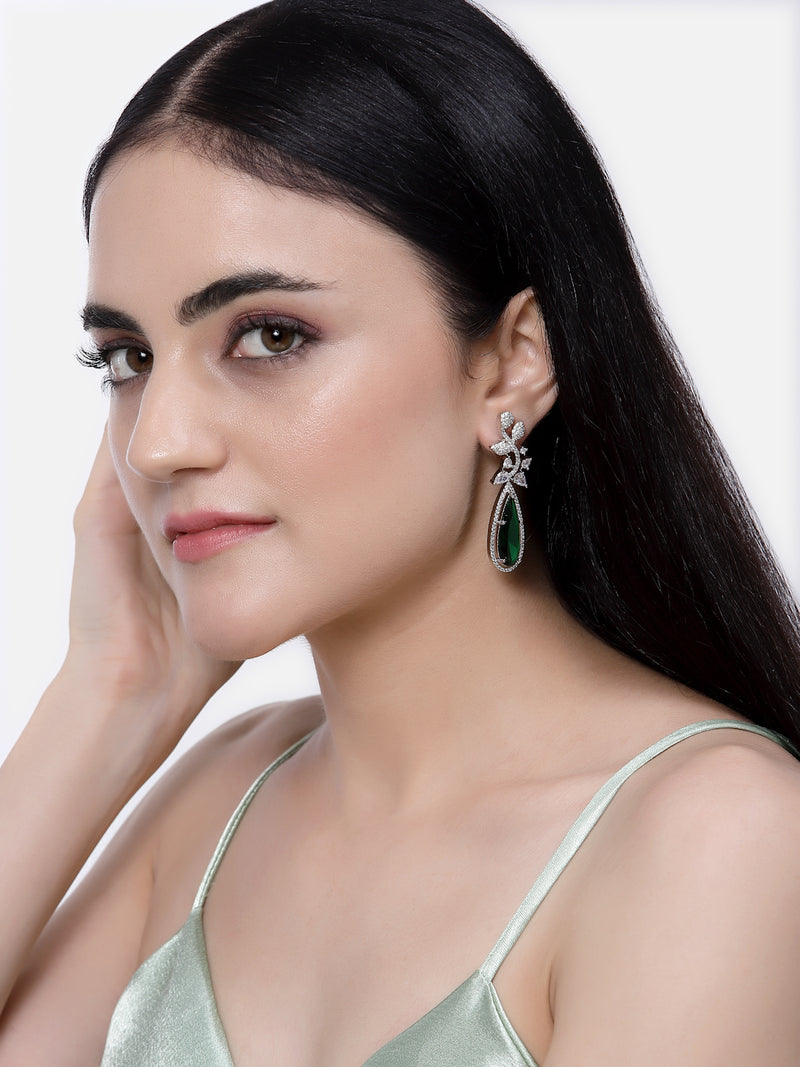 Rhodium-Plated Green American Diamond studded Teardrop & Leaf Shaped Drop Earrings