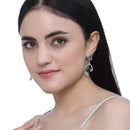 Rhodium-Plated Green American Diamond studded Square & Leaf Shaped Drop Earrings