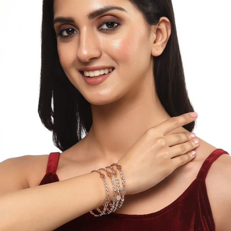 Rose Gold-Plated White American Diamond studded Temple Coin Bangles Jewellery Set (Set Of 4)