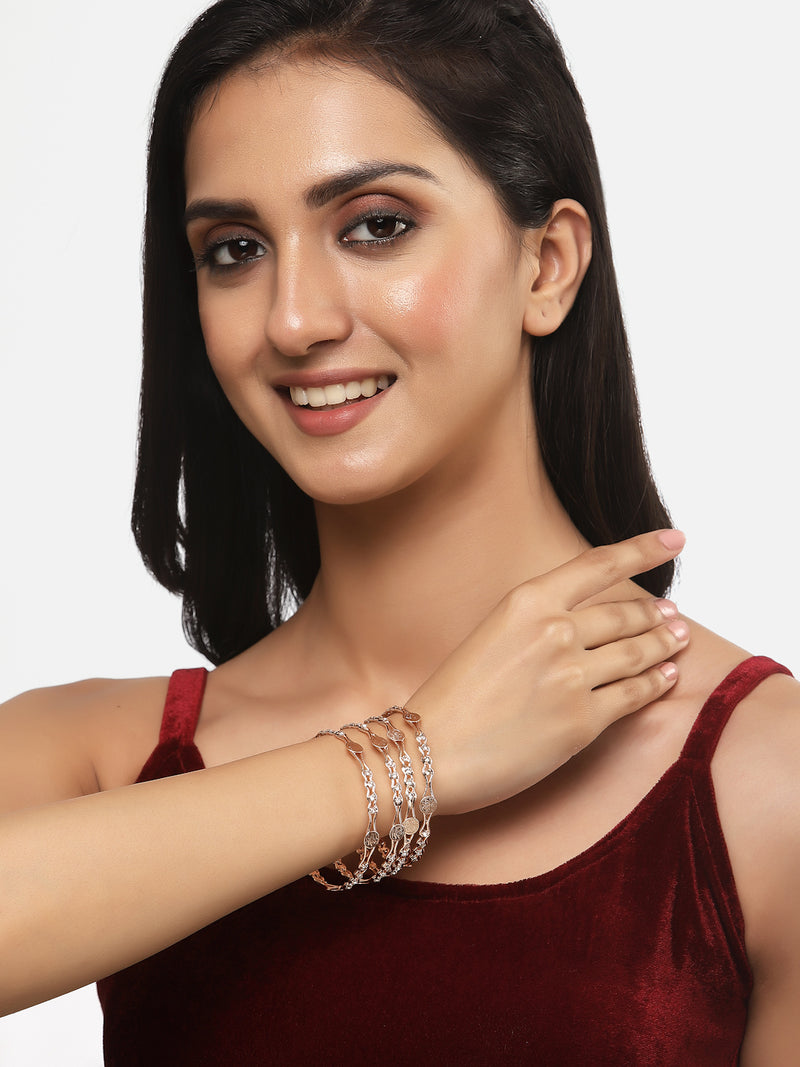 Rose Gold-Plated White American Diamond studded Temple Coin Bangles Jewellery Set (Set Of 4)