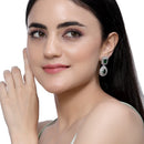 Rhodium Plated Square Green American Diamond Contemporary Drop Earrings