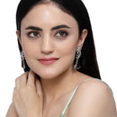 Rhodium-Plated Green & White American Diamond studded Floral Theme Drop Earrings