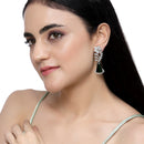 Rhodium-Plated Green & White American Diamond studded Floral Theme Drop Earrings