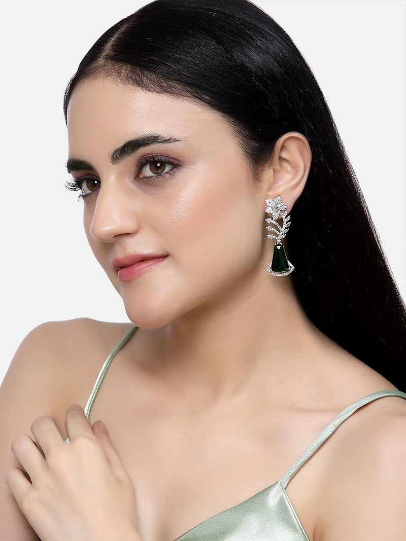 Rhodium-Plated Green & White American Diamond studded Floral Theme Drop Earrings