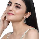 Rhodium Plated Teardrop & Leaf Green American Diamond Contemporary Long Drop Earrings