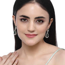 Rhodium Plated Teardrop & Leaf Green American Diamond Contemporary Long Drop Earrings