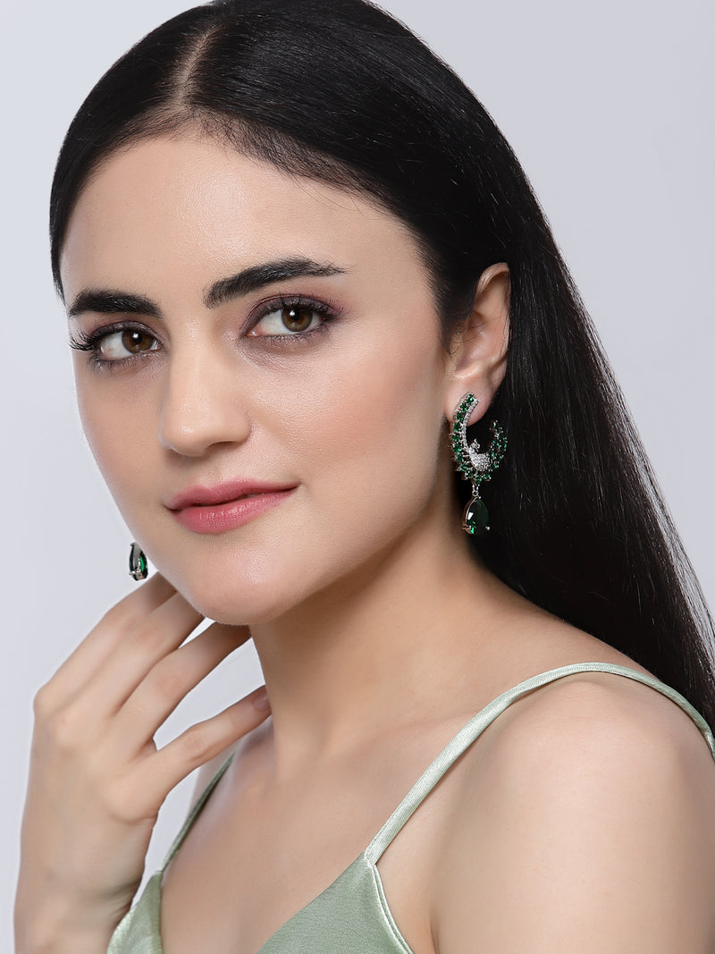 Rhodium-Plated Green American Diamond studded Peacock & Feather Shaped Drop Earrings