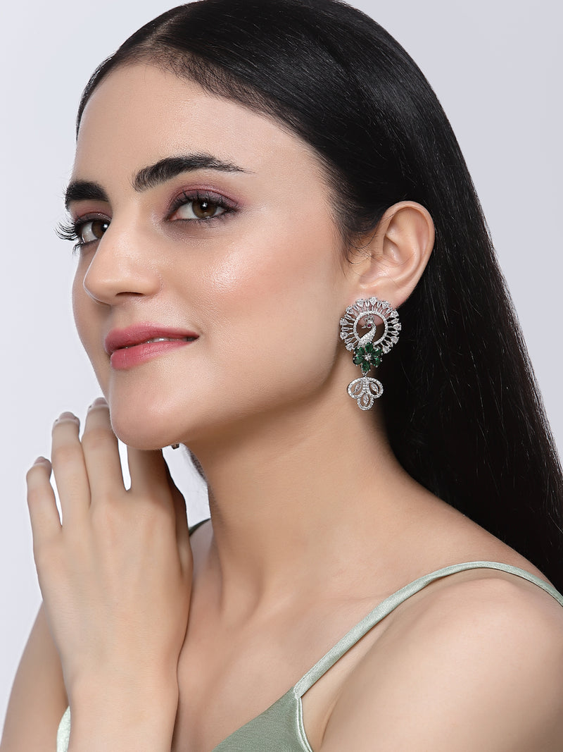 Rhodium-Plated Green American Diamond studded Handcrafted Peacock Shaped Drop Earrings