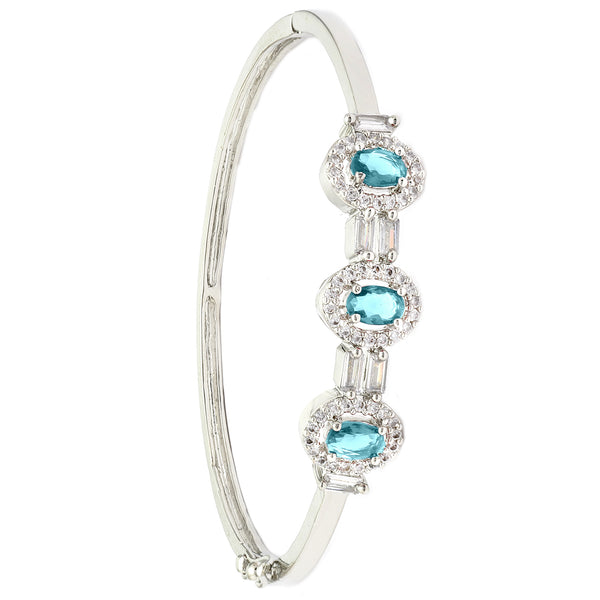 Rhodium-Plated Silver Toned Oval Shaped Blue American Diamond Studded Kada Bracelet