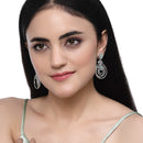 Rhodium-Plated Sea Green & White American Diamond studded Floral & Circular Layered Drop Earrings
