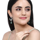 Rhodium-Plated Sea Green American Diamond studded Peacock & Feather Shaped Drop Earrings