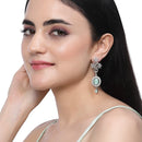 Rhodium-Plated Sea Green American Diamond studded Contemporary Drop Earrings