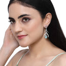 Rhodium-Plated Sky Blue American Diamond studded Teardrop & Quirky Shaped Drop Earrings