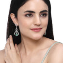 Rhodium-Plated Sea Green American Diamond studded Teardrop & Quirky Shaped Drop Earrings