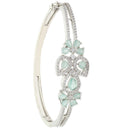 Rhodium-Plated Silver Toned Leaf Shaped Sea Green American Diamond Studded Bracelet