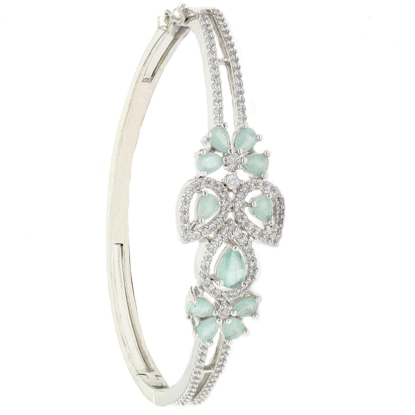 Rhodium-Plated Silver Toned Leaf Shaped Sea Green American Diamond Studded Bracelet