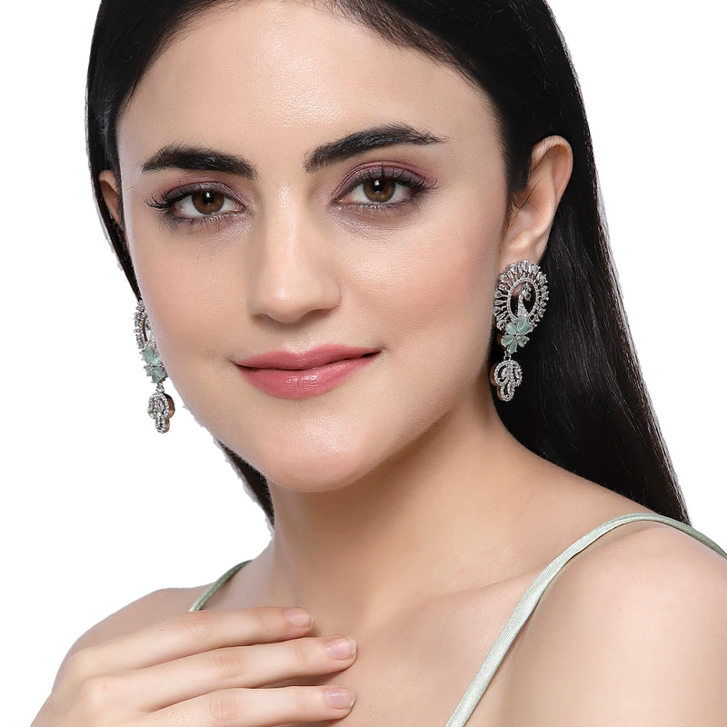 Rhodium-Plated Sea Green American Diamond studded Handcrafted Peacock Shaped Drop Earrings