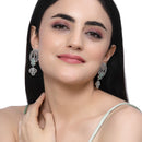 Rhodium-Plated Sea Green American Diamond studded Handcrafted Peacock Shaped Drop Earrings