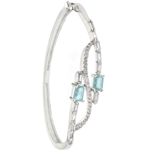 Rhodium-Plated Silver Toned Square Sea Green American Diamond Studded Kada Bracelet
