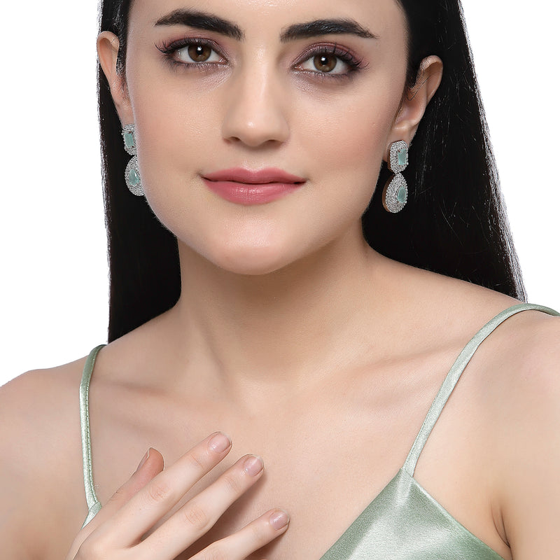 Rhodium-Plated Sea Green & White American Diamond studded Square & Teardrop Shaped Drop Earrings