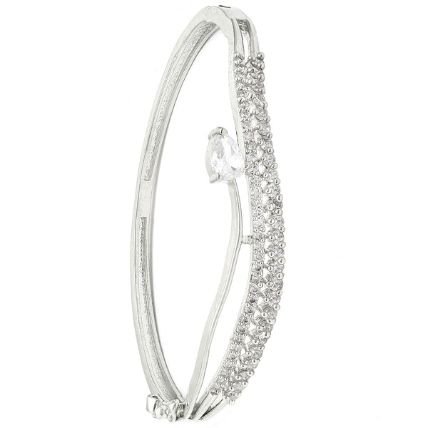 Rhodium Plated Silver Toned White Teardrop  American Diamond Stone Studded Kada Bracelet