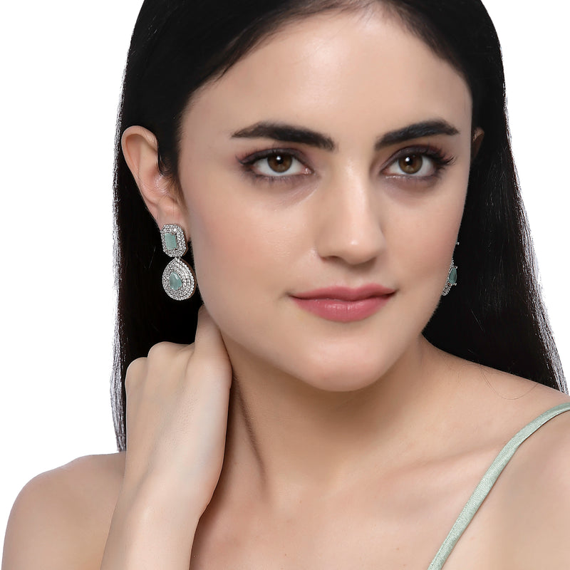 Rhodium-Plated Sea Green & White American Diamond studded Square & Teardrop Shaped Drop Earrings