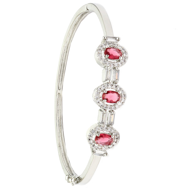 Rhodium Plated Silver Toned Oval Shaped Red American Diamond Studded Kada Bracelet