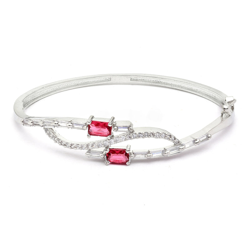 Rhodium-Plated Silver Toned Square Red American Diamond Studded Kada Bracelet