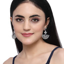 Rhodium-Plated Navy Blue & White American Diamond studded Leaf Shaped Drop Earrings