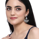 Rhodium-Plated Navy Blue & White American Diamond studded Leaf Shaped Drop Earrings