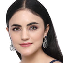 Rhodium-Plated Navy Blue & White American Diamond studded Floral & Circular Layered Drop Earrings