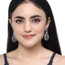 Rhodium-Plated Navy Blue & White American Diamond studded Floral & Circular Layered Drop Earrings