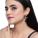 Rhodium-Plated Navy Blue American Diamond studded Peacock & Feather Shaped Drop Earrings