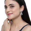 Rhodium-Plated Navy Blue & White American Diamond studded Square & Teardrop Shaped Drop Earrings