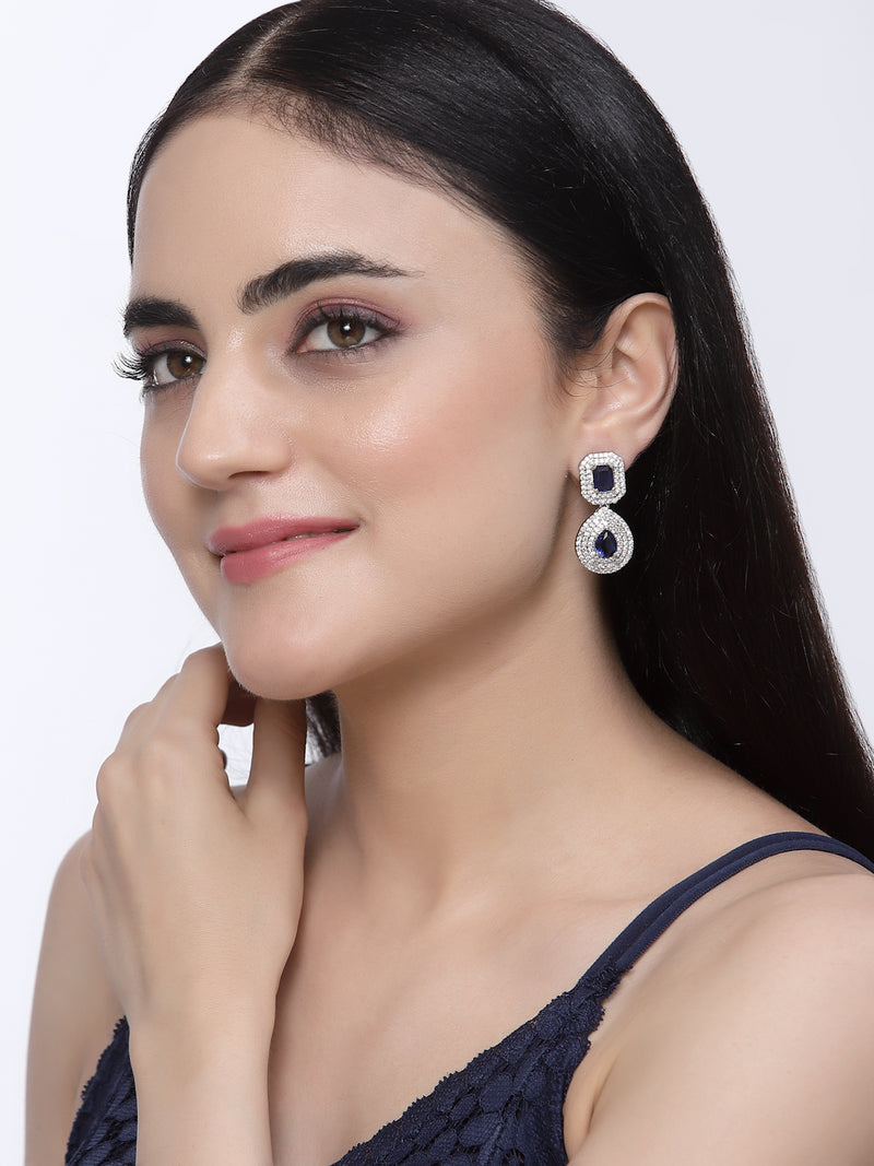 Rhodium-Plated Navy Blue & White American Diamond studded Square & Teardrop Shaped Drop Earrings